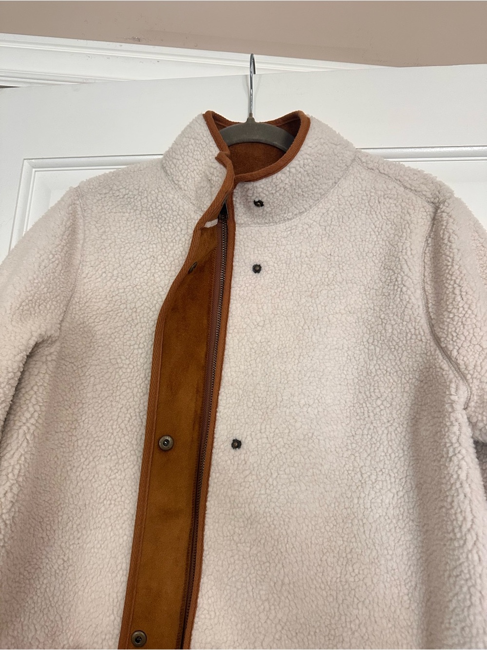 Old Navy Cream Sherpa Coat with Brown Trim - Picture 3 of 6